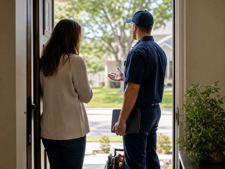 Generic plumber speaking with a homeowner at a residential doorway