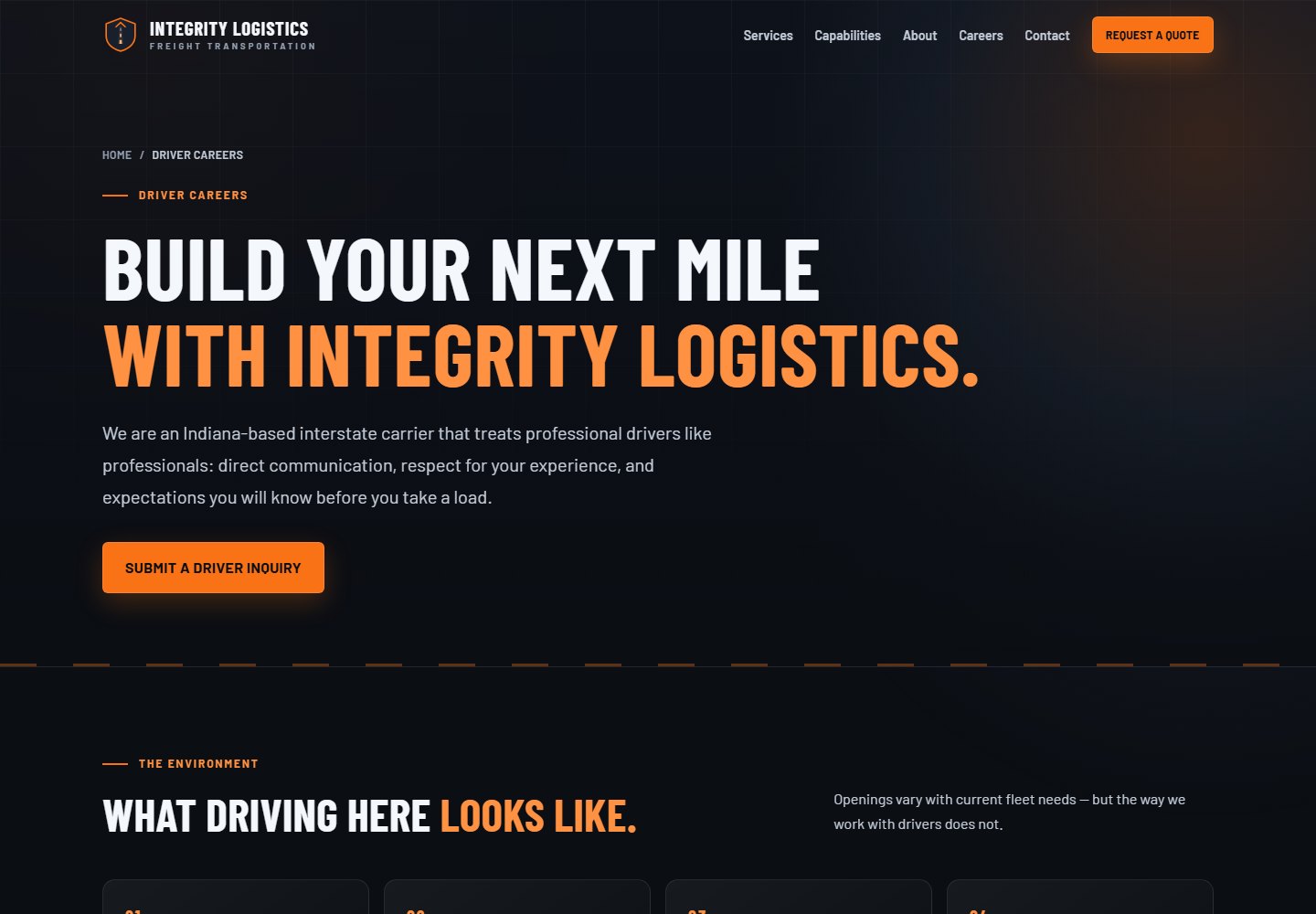 Integrity Logistics driver careers page with career messaging and an interest form.