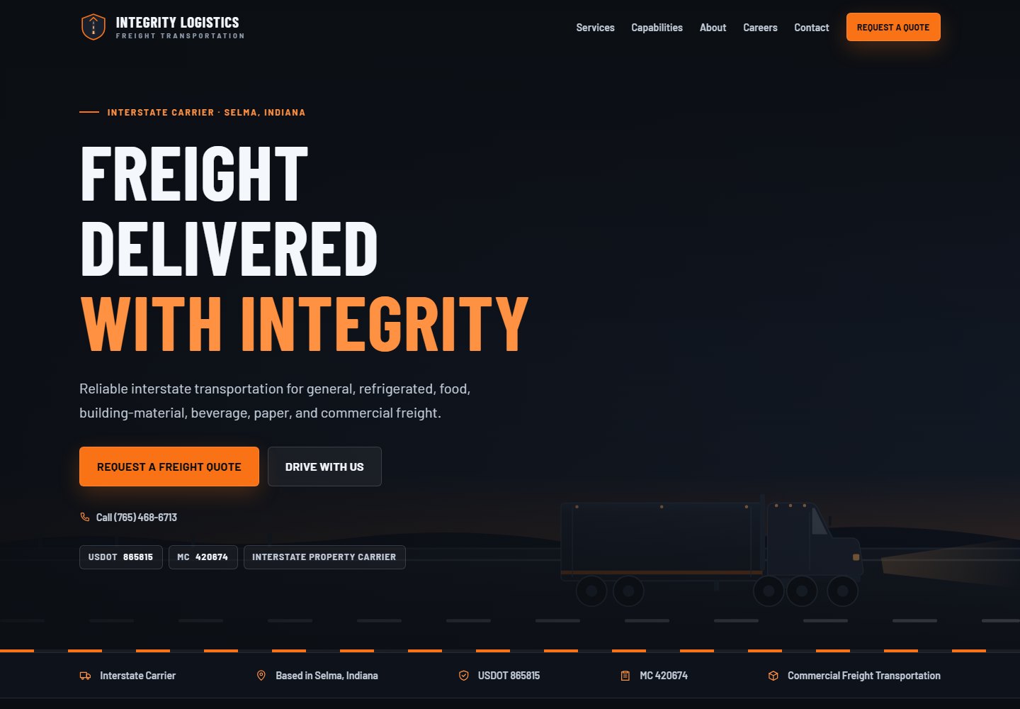 Integrity Logistics freight transportation website concept with a dark industrial hero and orange highway-truck visual.
