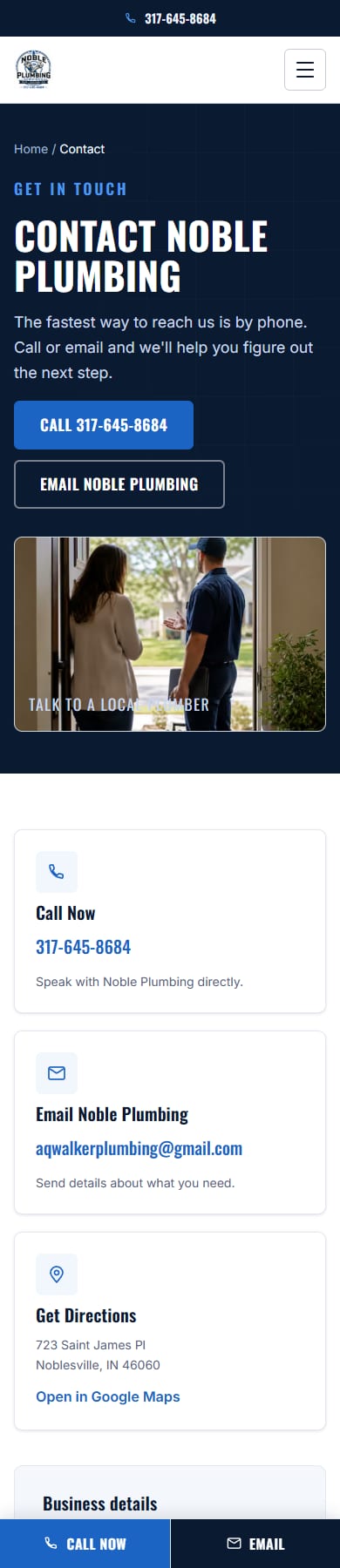 Mobile screenshot of the Noble Plumbing contact page.