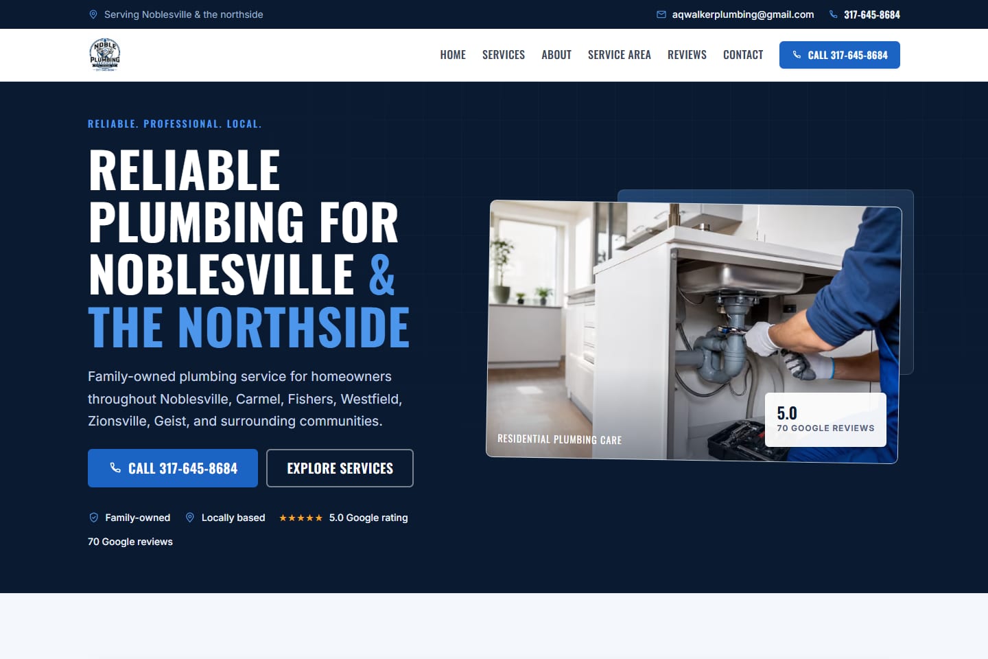 Noble Plumbing residential-service website demo with a navy hero and professional plumbing service photo.