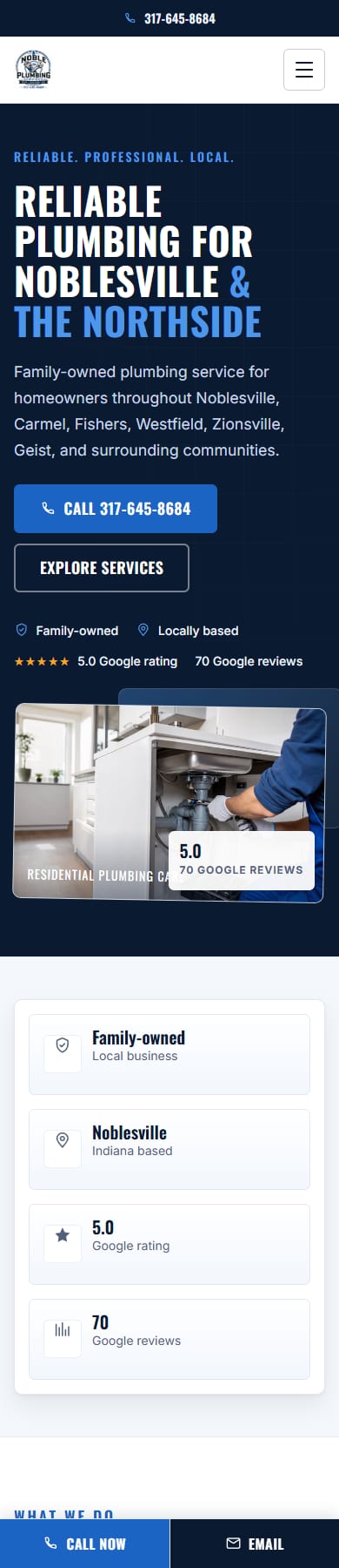 Mobile screenshot of the Noble Plumbing homepage.