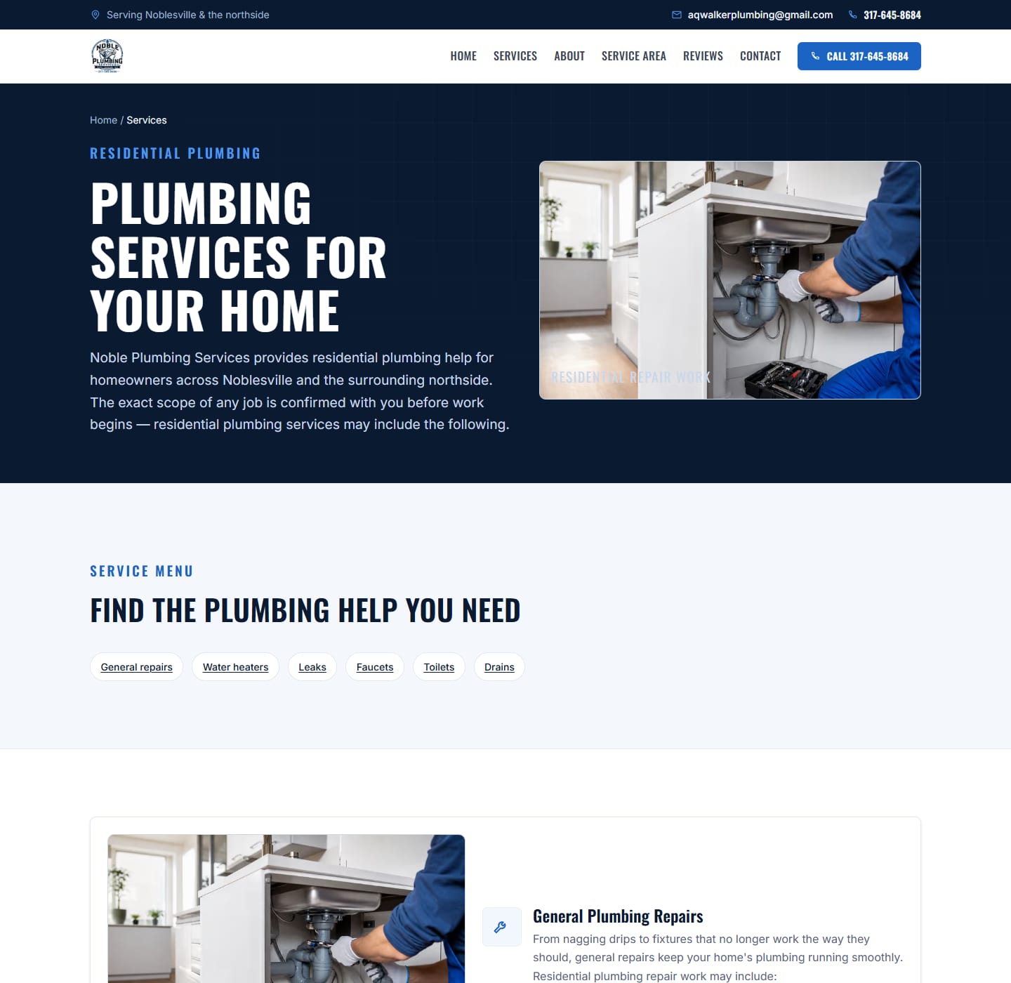 Noble Plumbing services page with alternating image and text service sections.
