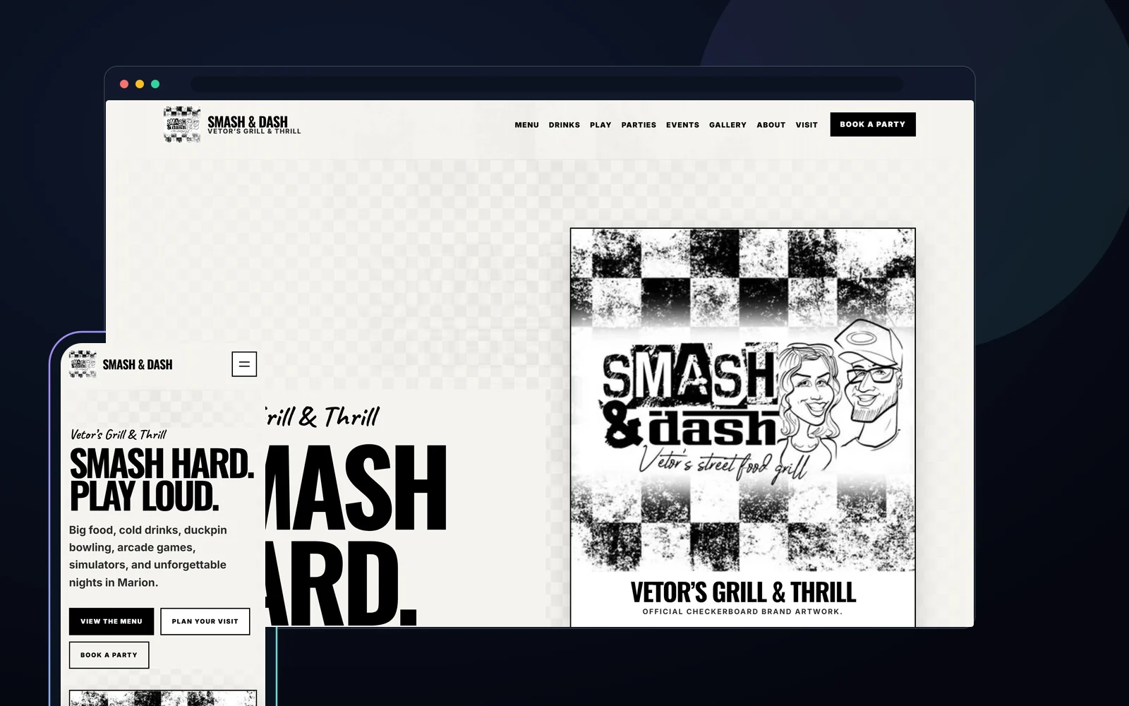 Desktop and mobile views of the black-and-white Smash & Dash restaurant and entertainment website concept.